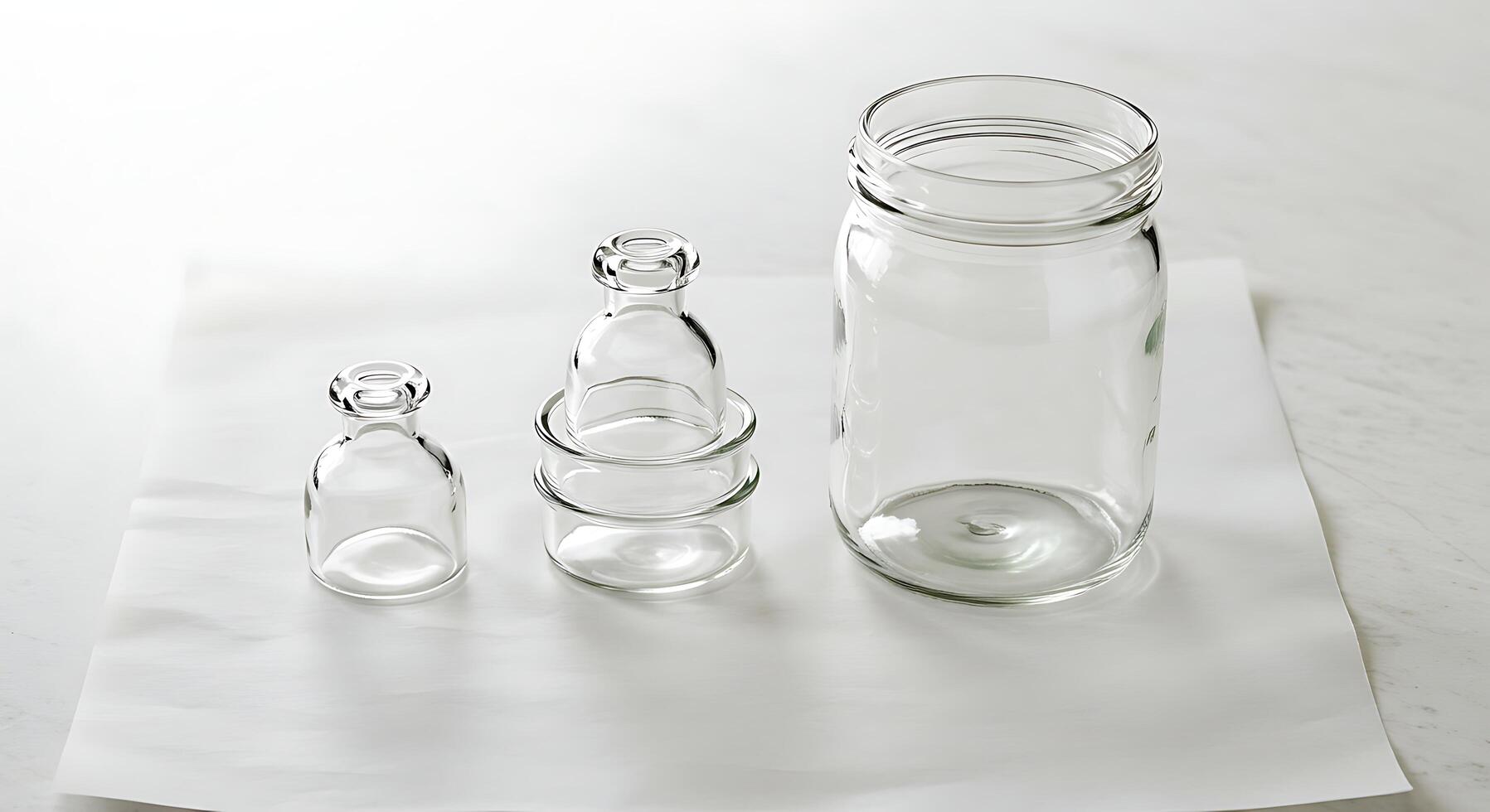 Arrangement of Empty Clear Glass Jars and Vessels on White photo