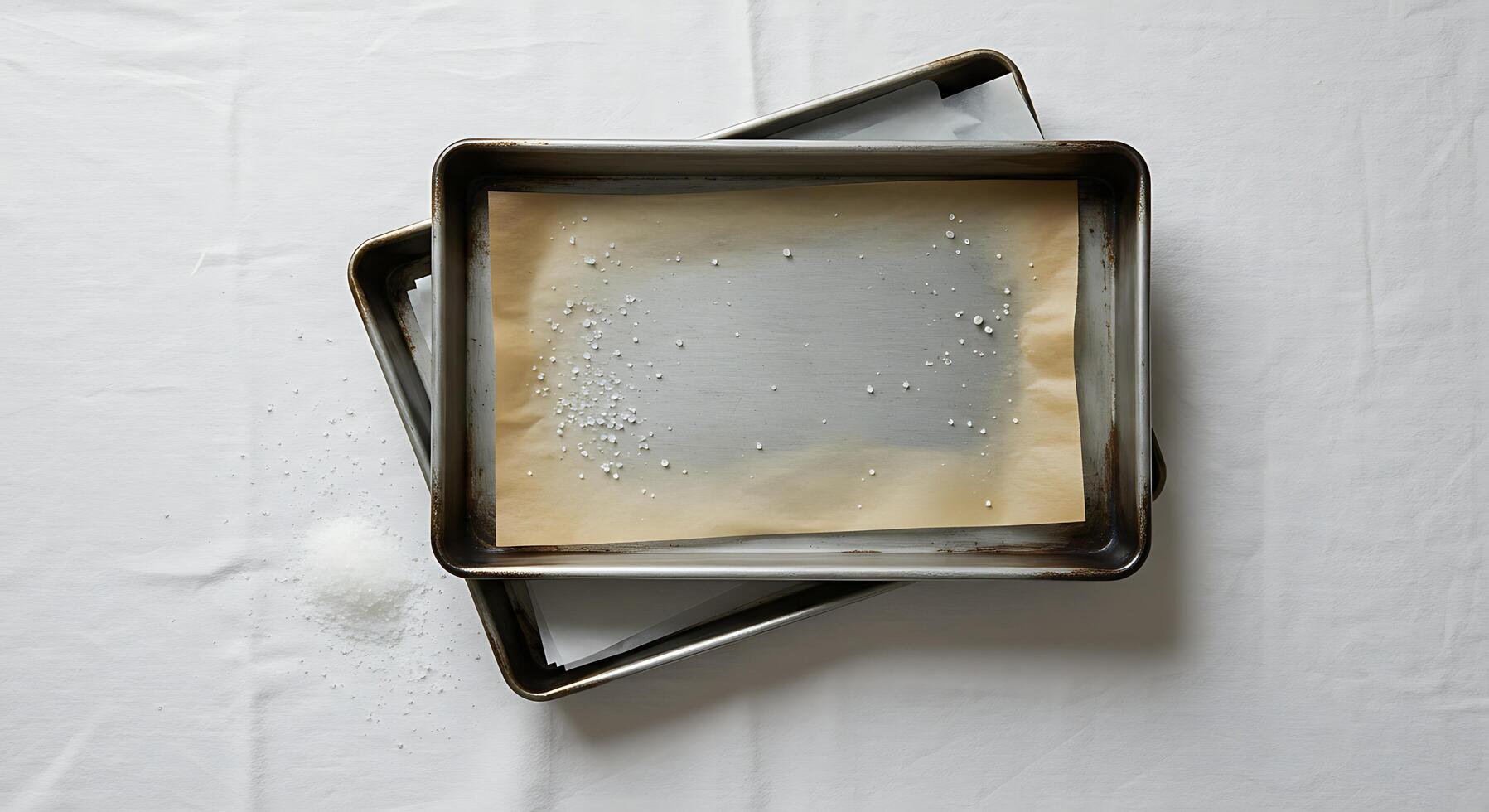 Preparing Baking Sheets with Parchment Paper and Scattered Sugar Crystals photo