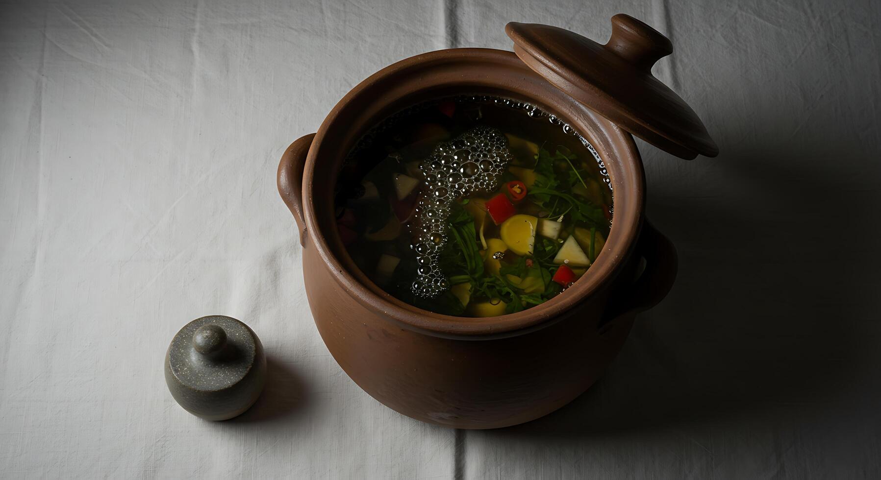 Soup in Ceramic Pot with Herbs and Vegetables on Tablecloth photo