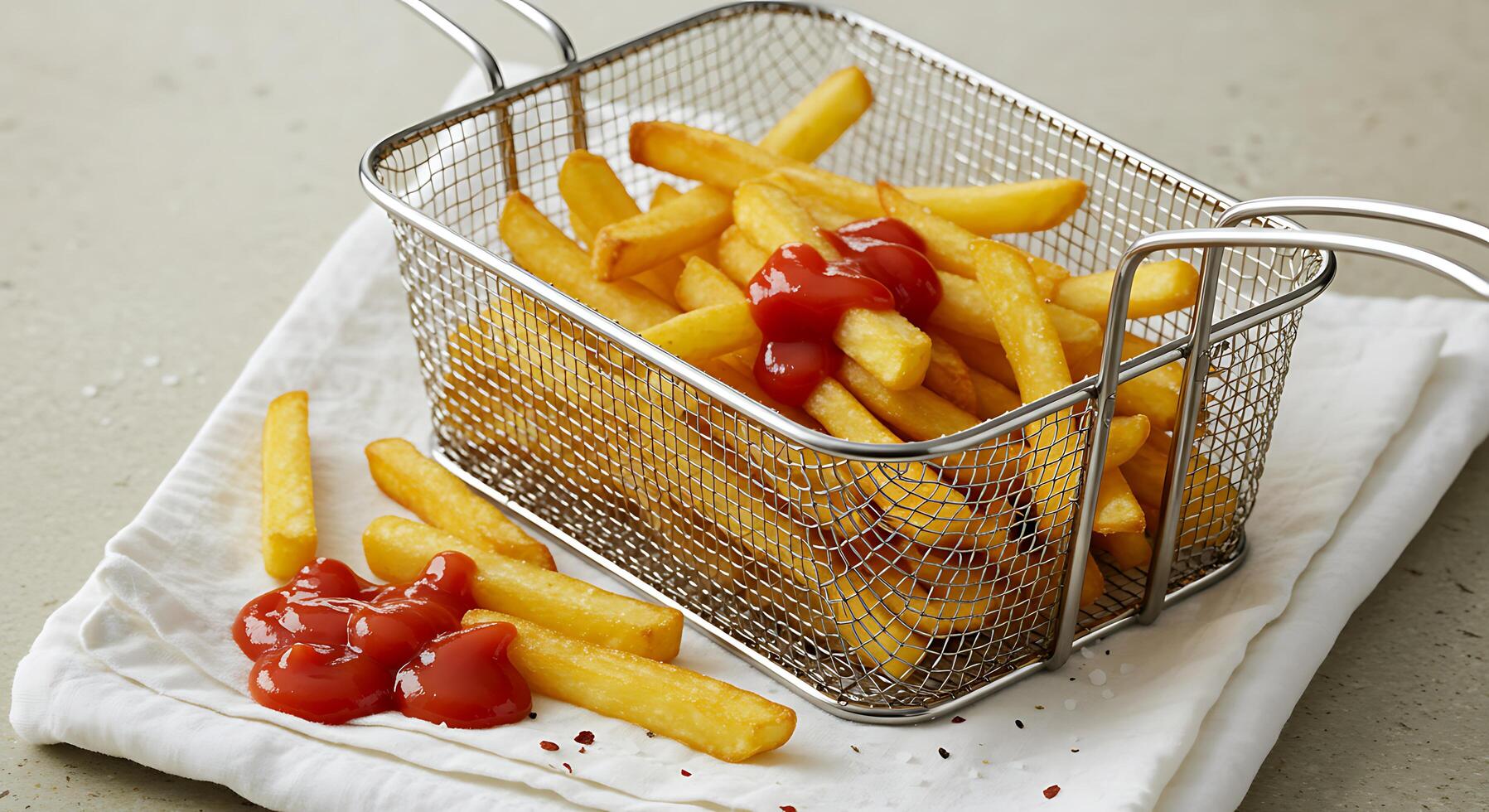 Golden Fried Potatoes in Wire Basket with Ketchup on White Napkin photo