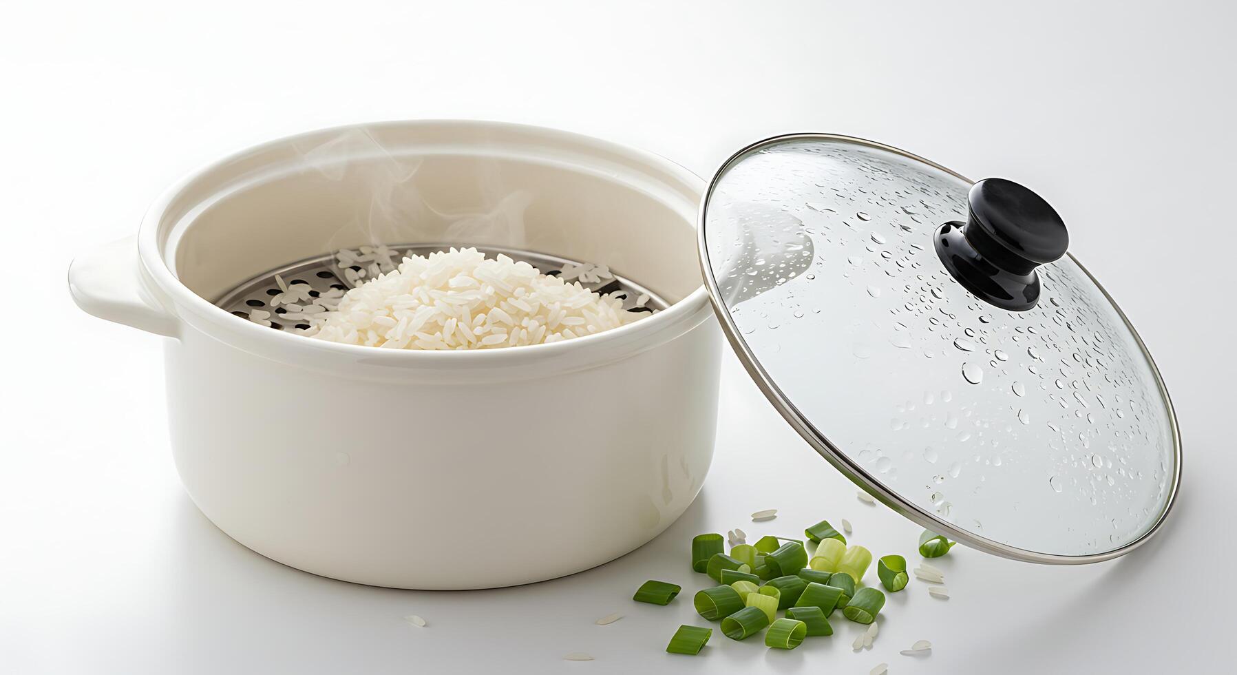 Steaming Rice in a Pot with Green Onion Garnish and Lid photo