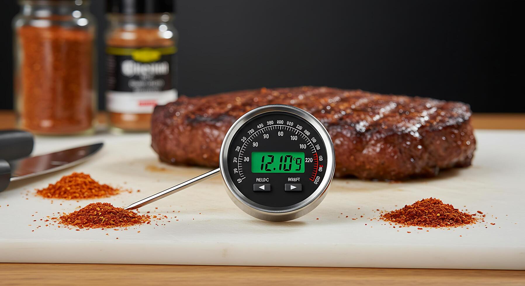 Measuring Steak Temperature with Thermometer on White Cutting Board Close Up photo