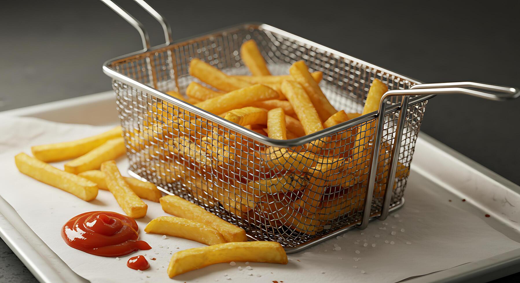Golden Fried Potato Fries in a Metal Basket with Tomato Ketchup for Serving photo