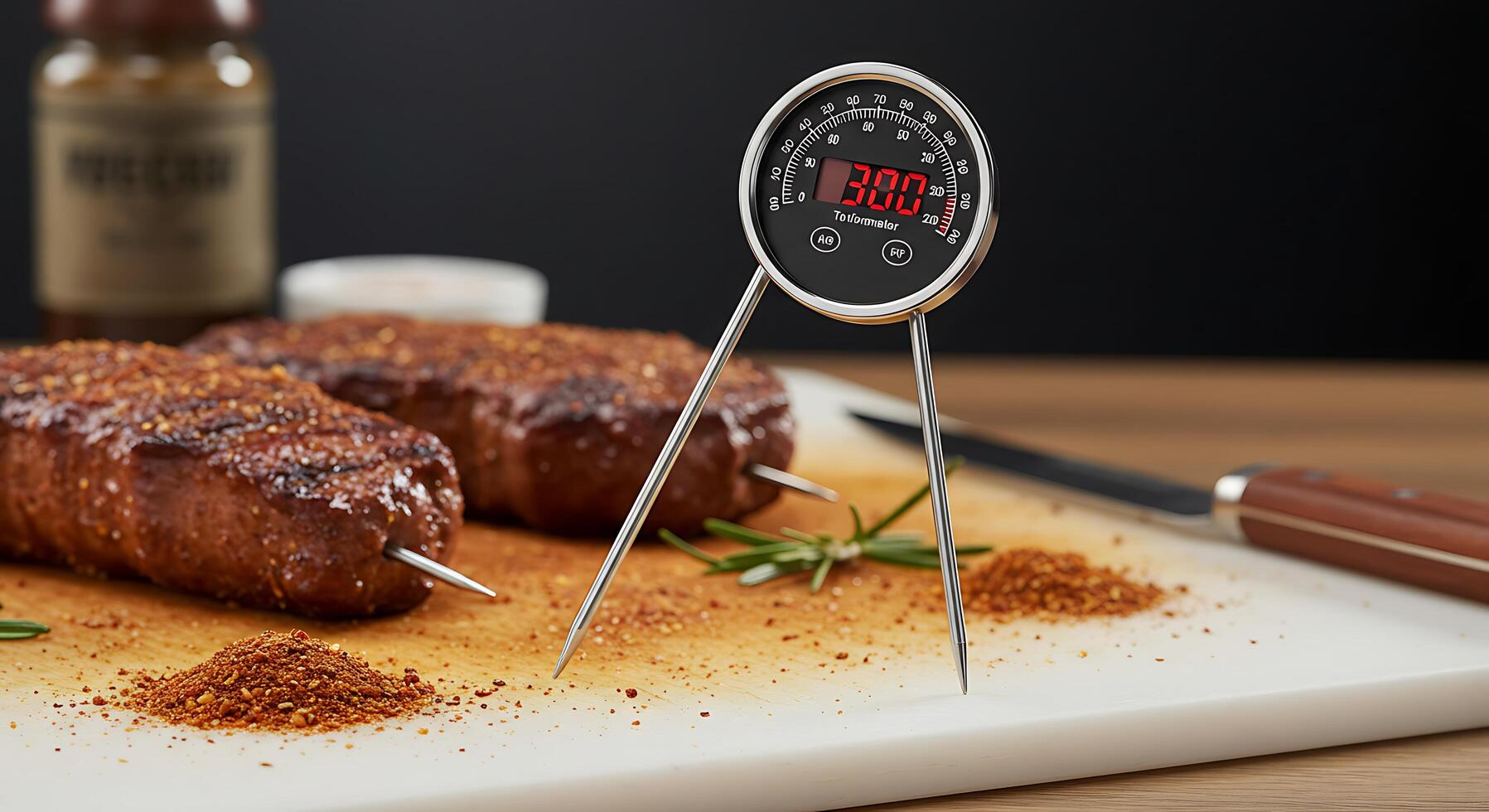 Meat Thermometer Measuring Temperature with Cooked Steaks Ready to Eat photo