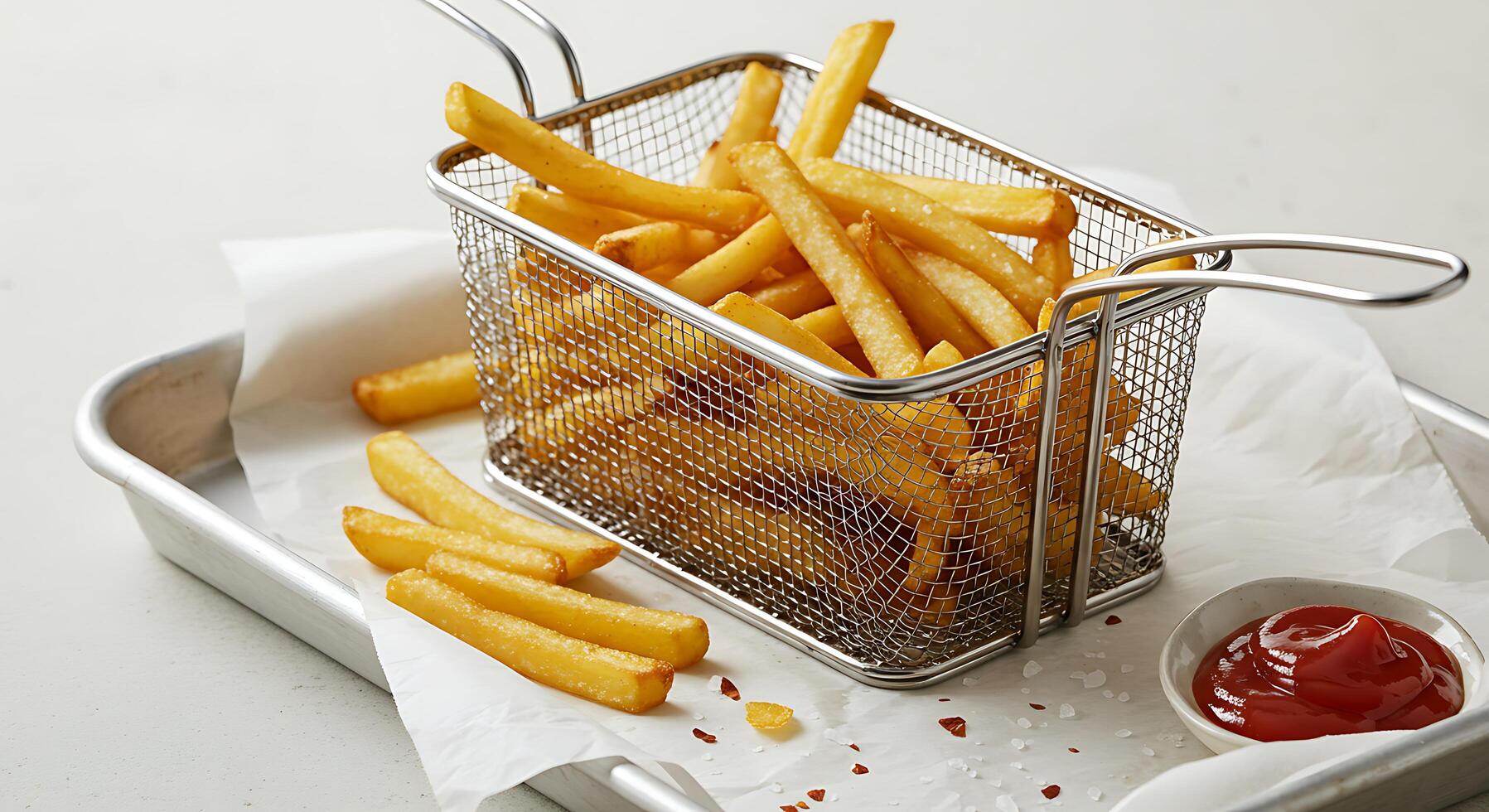 Golden Fried Potatoes in Wire Basket on Tray with Tomato Sauce photo
