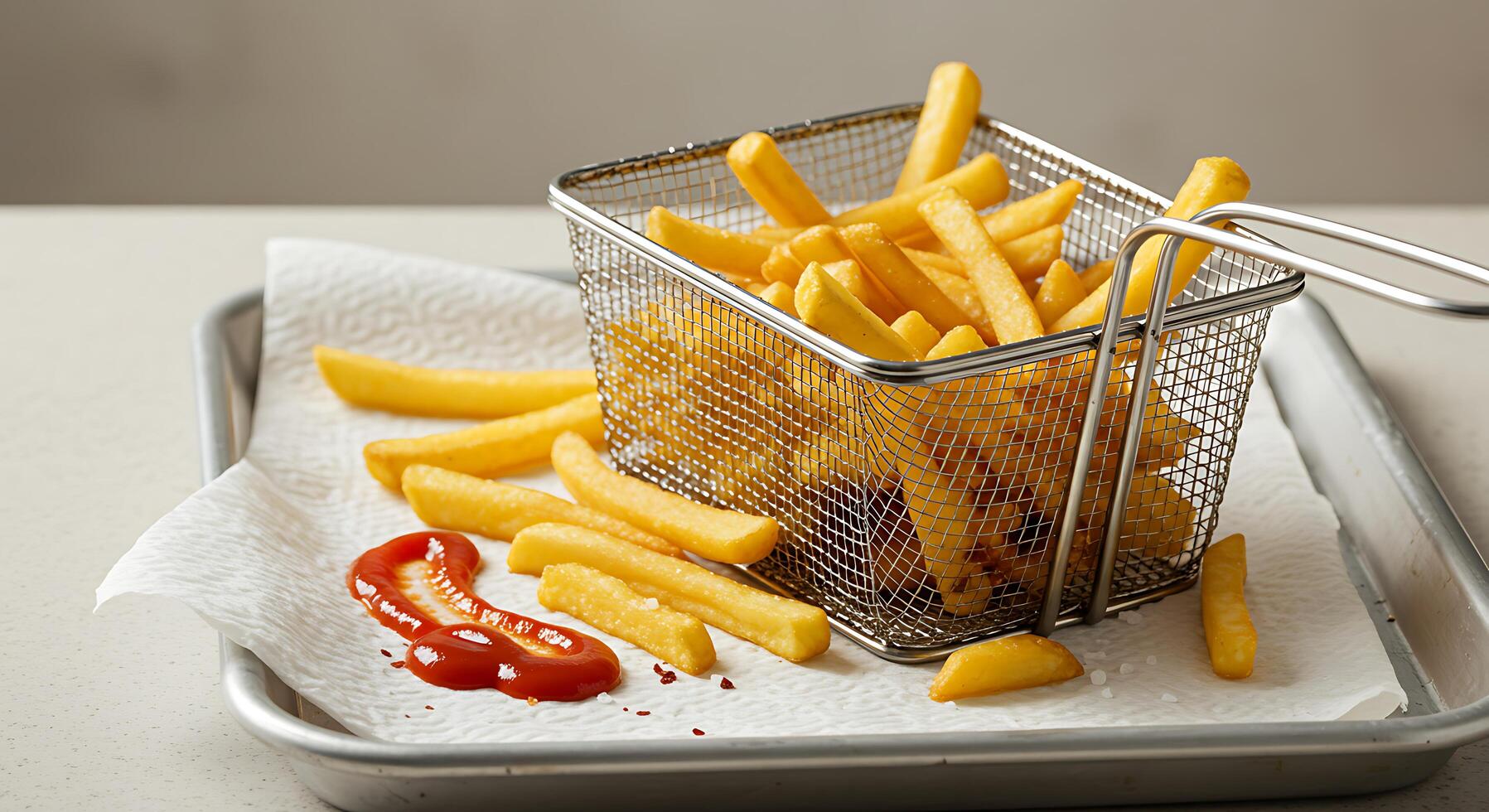 French Fries in Wire Basket with Ketchup on Tray Still Life photo