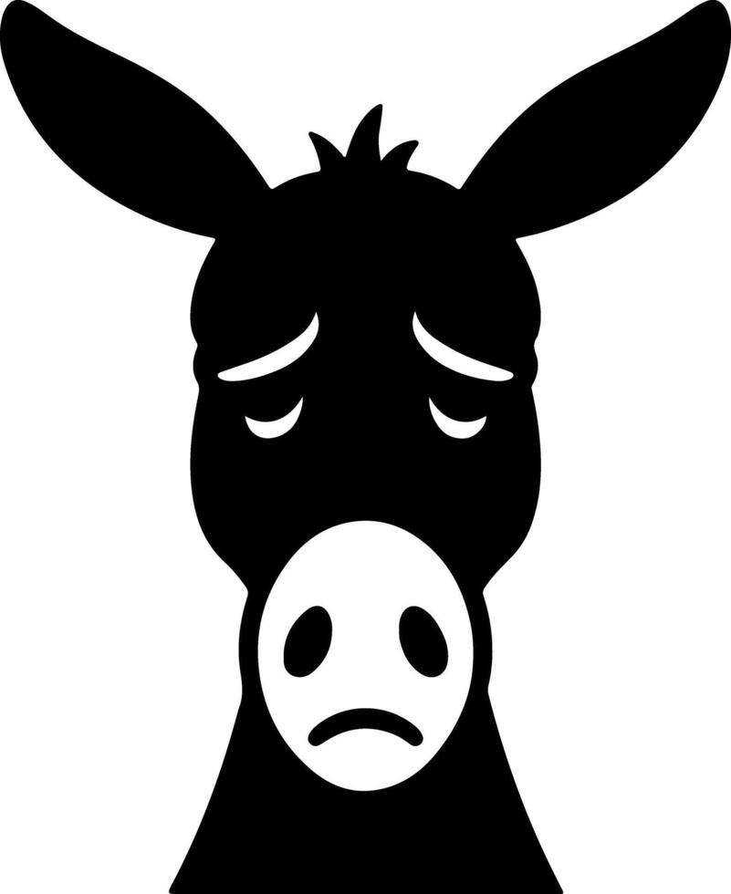 Donkey close-up face in sad expression silhouette, down eyes and ears in flat black on white, simple subject with emotion great for stock usage vector