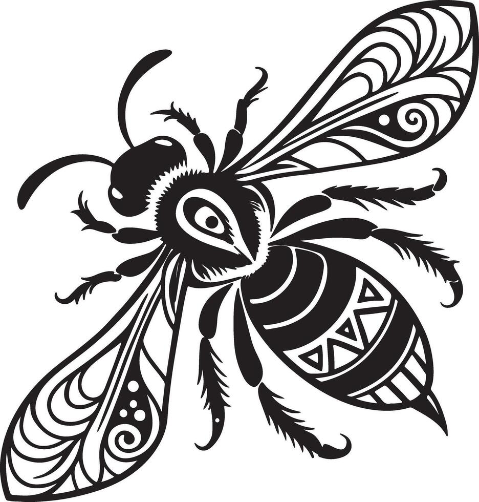 Tribal bee silhouette with detailed line art on wings and body, clean black shape, no background, ideal choice for stock design vector