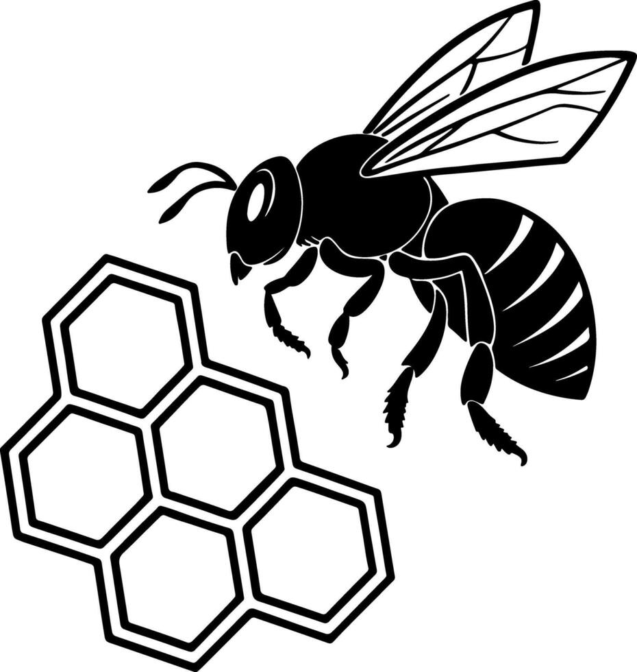Flying bee silhouette with honeycomb element, bold black line art, clean geometric shape, perfect for stock uploads vector