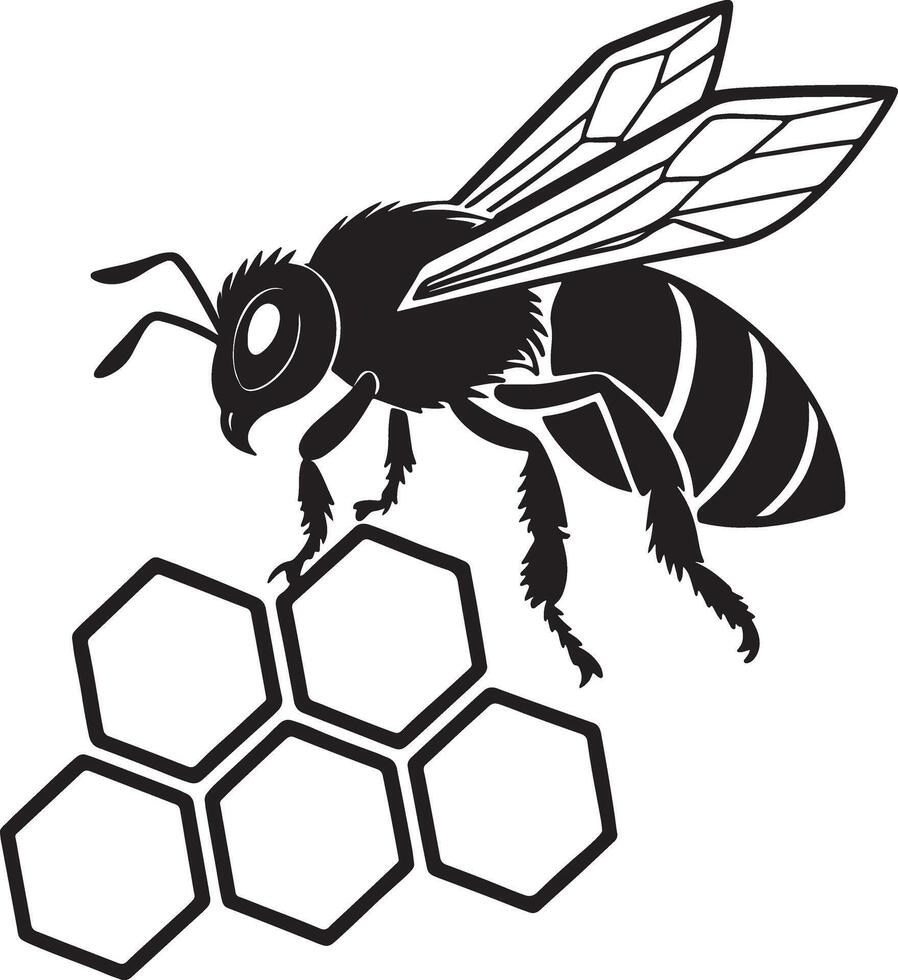 Geometric honeycomb bee silhouette in clean black design, strong outlines and traceable layout, stock friendly vector
