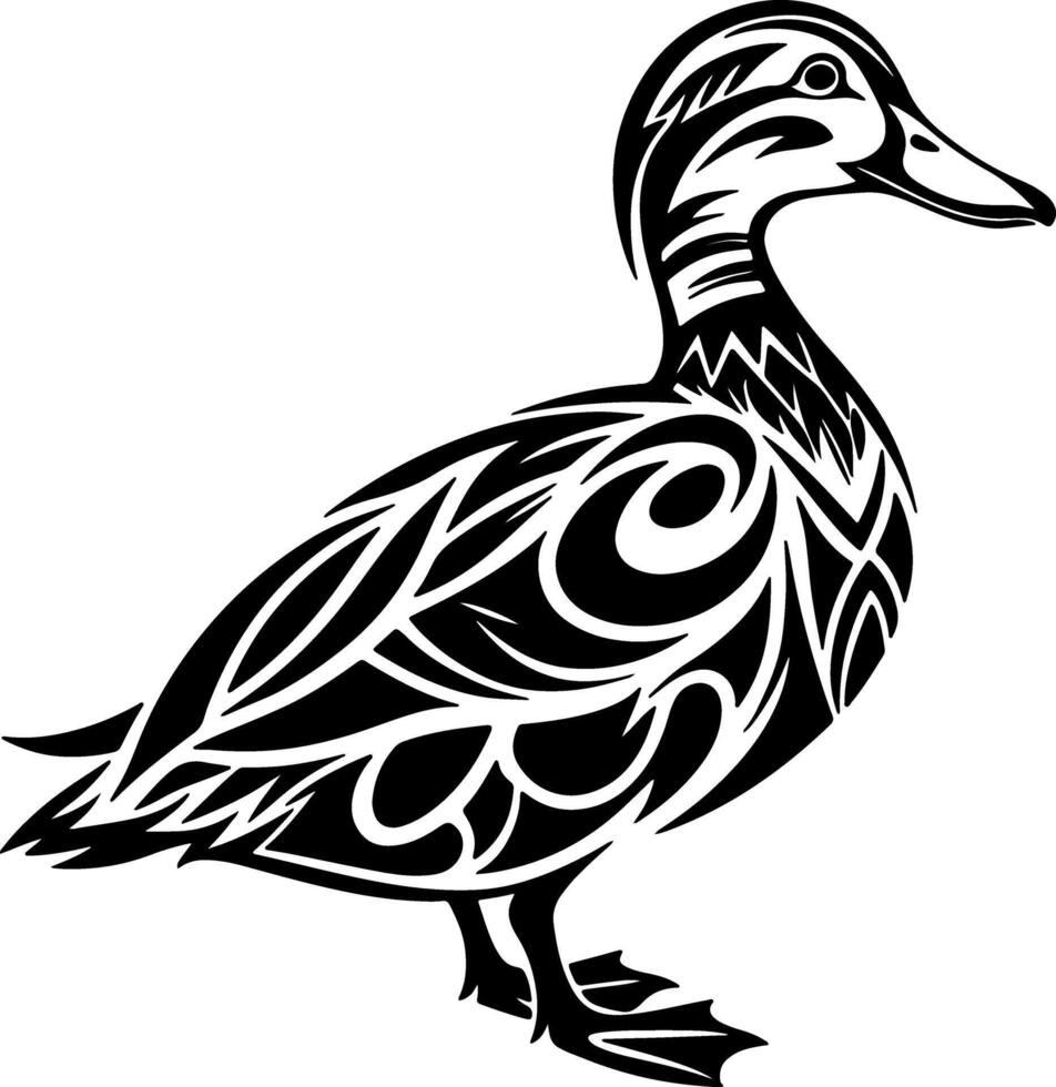 Duck silhouette in tribal tattoo style formed with bold black lines, white background, clean creative single subject great for tracing and stock vector
