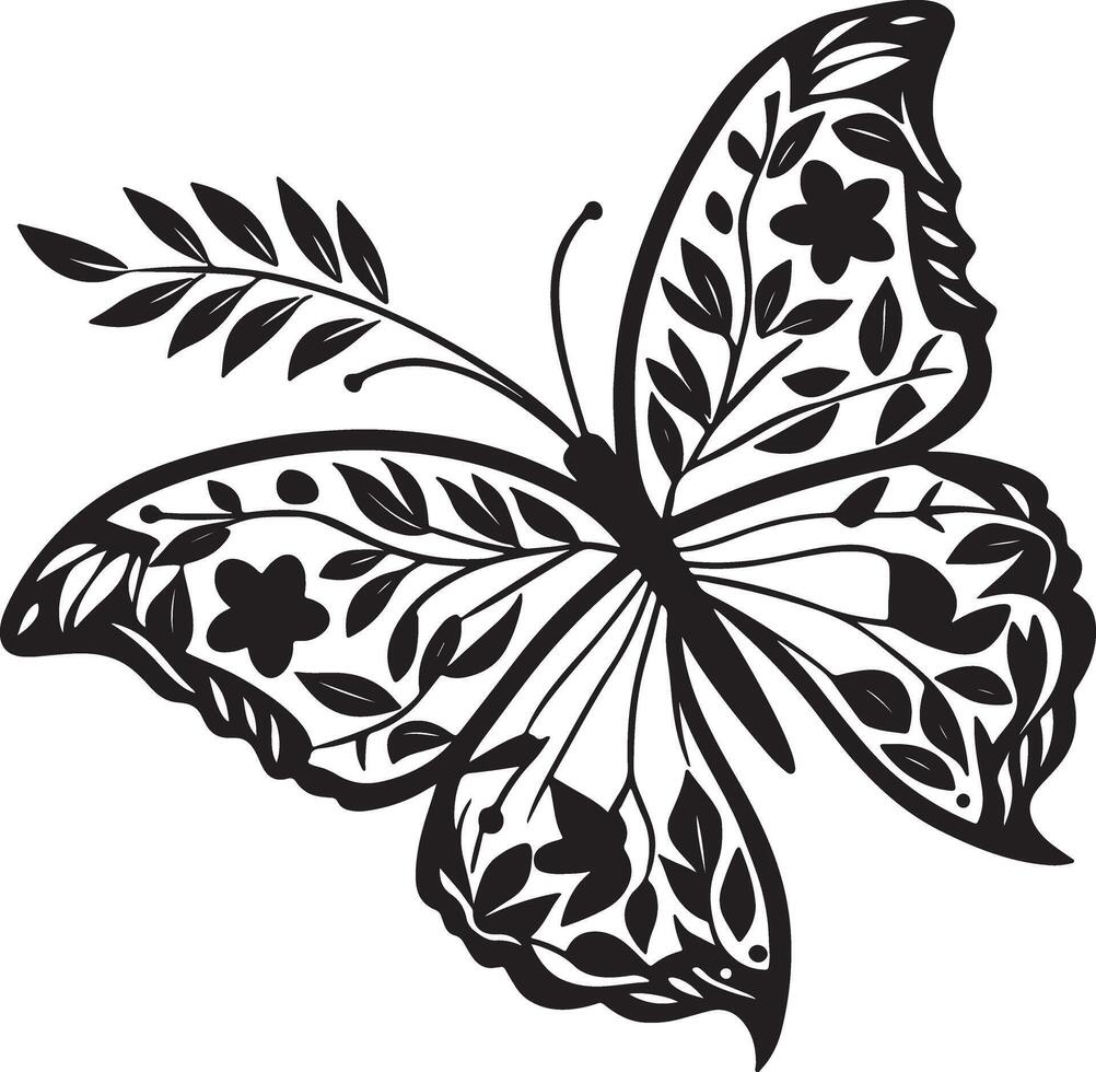 Elegant butterfly silhouette featuring floral wing details, symmetrical black shape, no background, great for microstock platforms vector