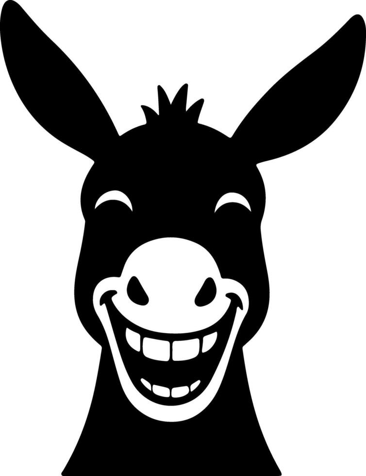 Donkey face silhouette with tilted ears and cheerful smile, black on white in cartoon mood, flat and clean artwork for stock or traceable design vector
