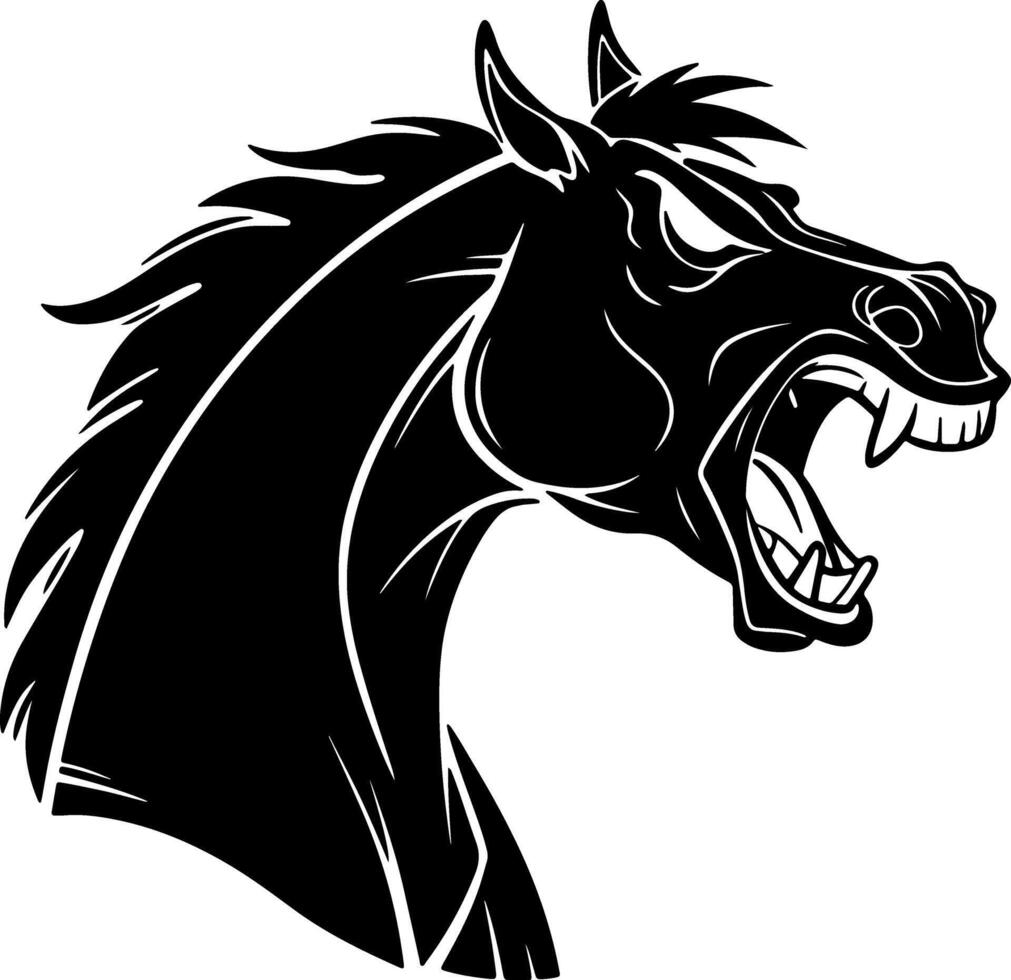 Furious horse head silhouette with flared nostrils and stressed line work in solid black fill showing strong mood style vector