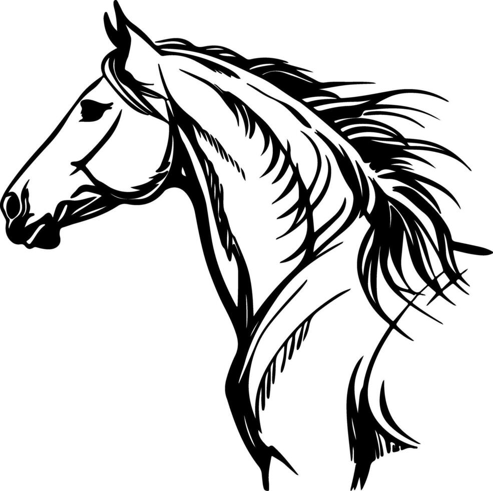 Japanese ink brush horse silhouette in side profile, expressive dark strokes on white background for artistic flat design vector