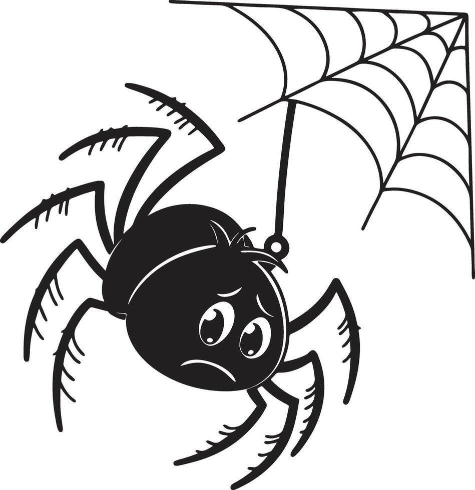 Sad spider silhouette with downturned legs and frowning face, black clean style, solid outline, no background, made for tracing and stock vector