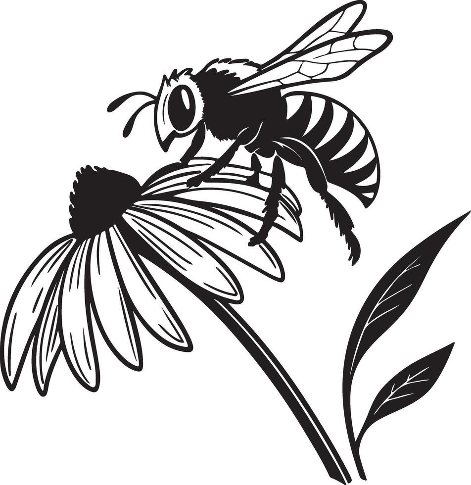 Weary bee silhouette resting with lowered wings on flower stem, clean black flat shape, traceable design, stock friendly layout vector