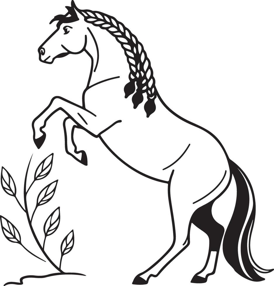 Close-up horse head silhouette with realistic flowing mane, designed in a flat style using bold lines for modern artwork vector