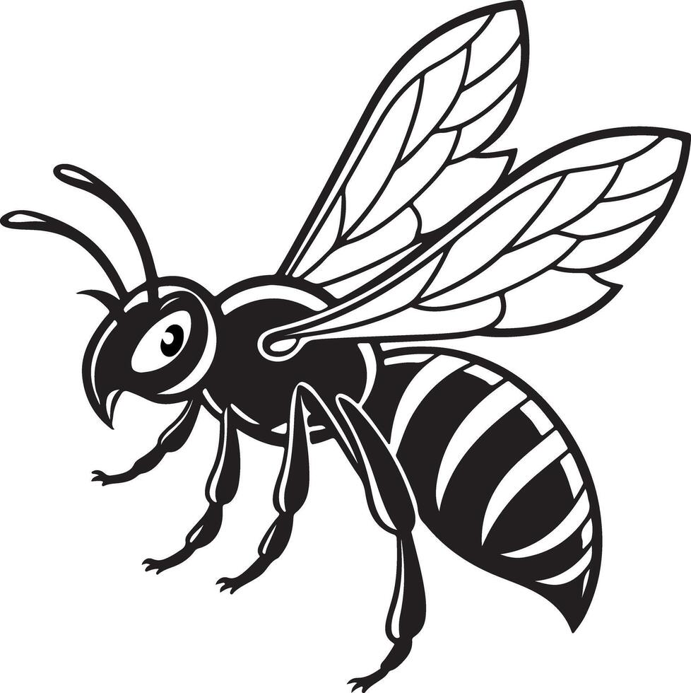 Fierce bee silhouette with pointed stinger and intense face, sharp wing details in clean black design, stock optimized vector