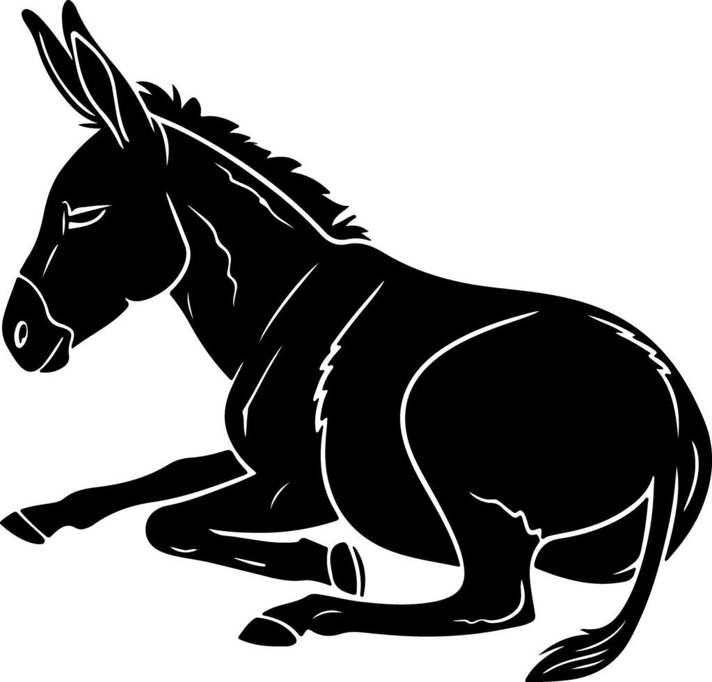 Donkey silhouette sitting in peaceful pose, relaxed body in flat black style with no extra detail, ideal for tracing or simple microstock illustration vector