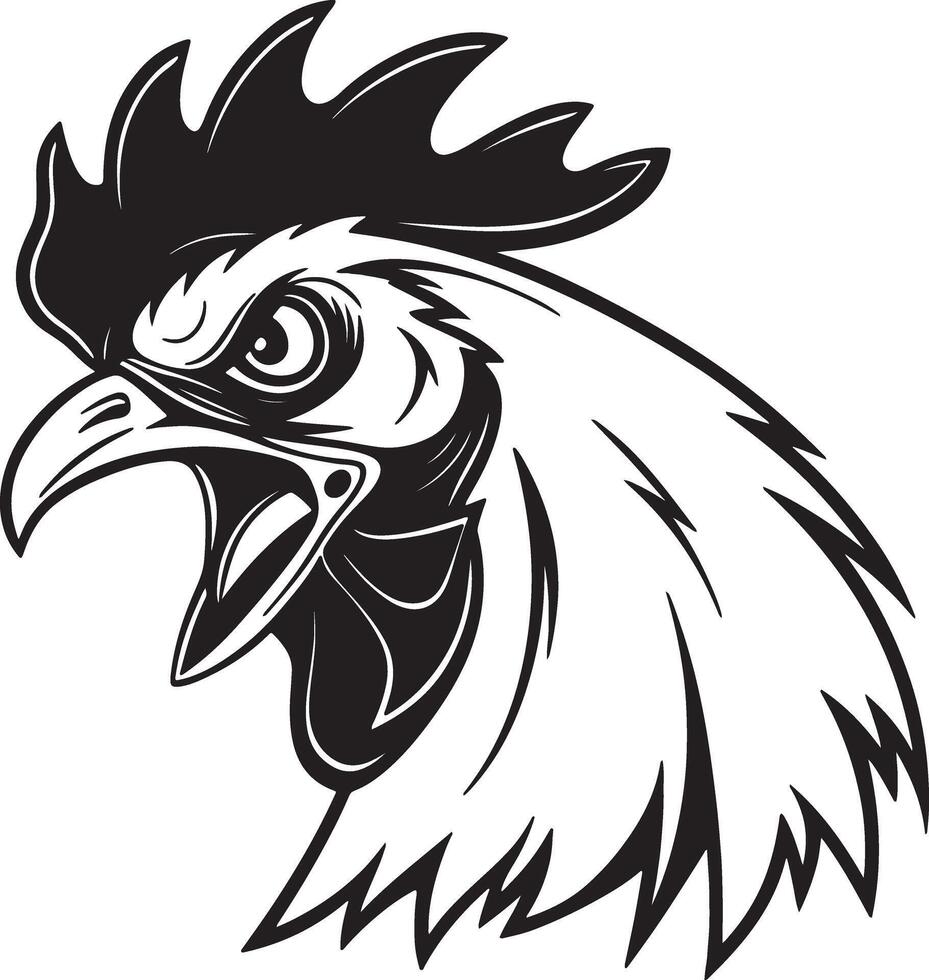Bold rooster face silhouette with fierce beak open and intense eyes, clean black art for expressive tracing use or commercial stock illustration vector