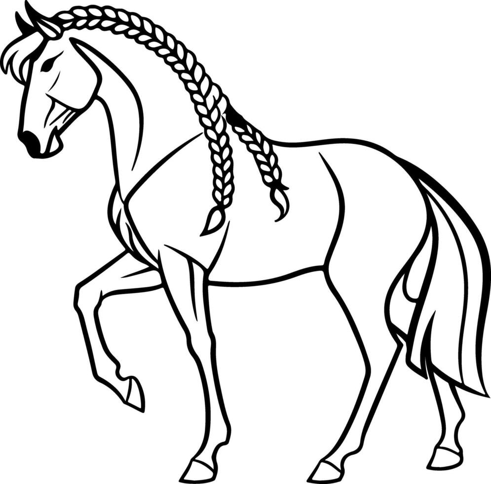 Elegant horse silhouette standing with braided mane, shown in a minimal flat design with a poised and graceful posture vector
