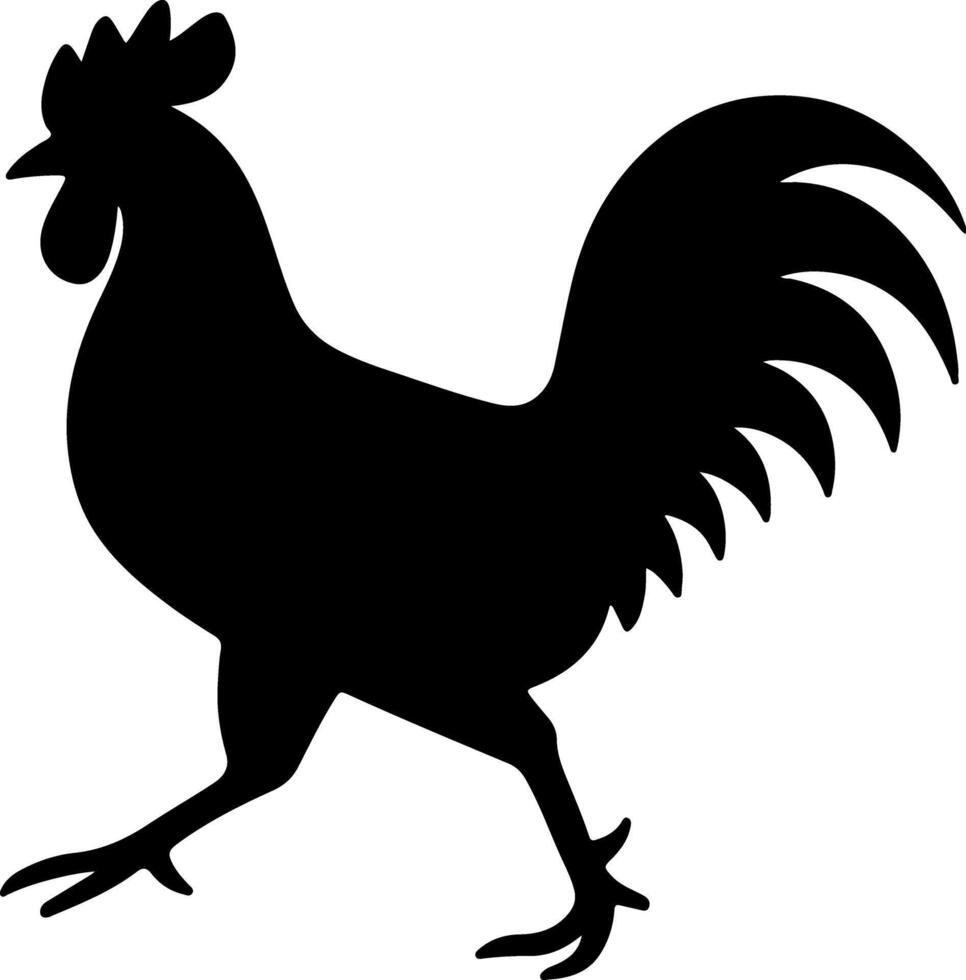 Rooster walking to left with lifted leg silhouette, flat black design in clean pose, simple subject on white perfect for traceable stock content vector