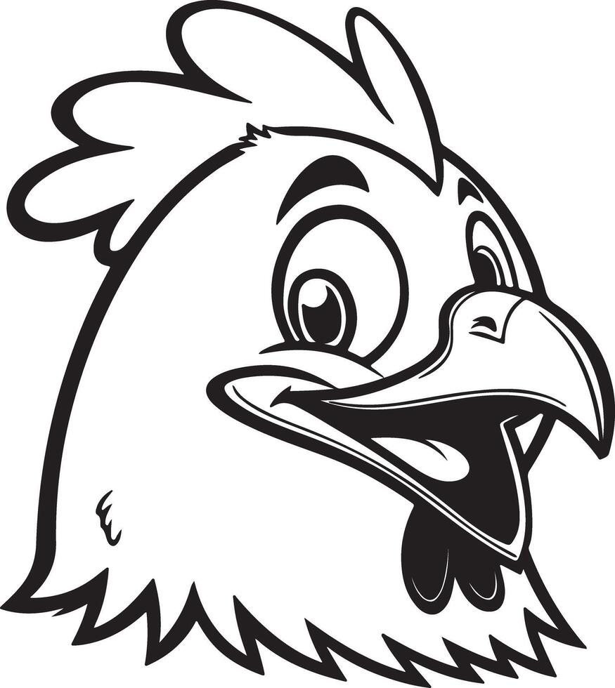 Happy mood chicken face close-up in black silhouette style, rounded shapes and cheerful beak, clean and flat for microstock design and tracing vector