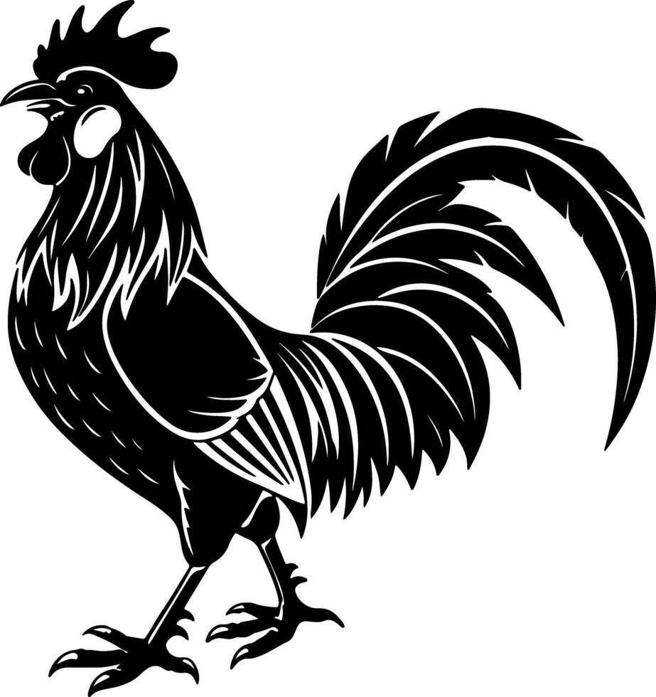 Confident rooster silhouette with puff chest and tail, bold black shape in standing pose, clean minimal outline ideal for stock usage and trace-ready art vector