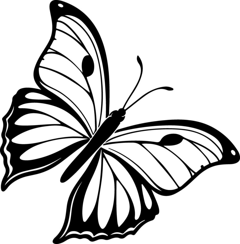 Flying butterfly silhouette with open wings in clean symmetrical style, bold black shape, no background, traceable and stock friendly vector