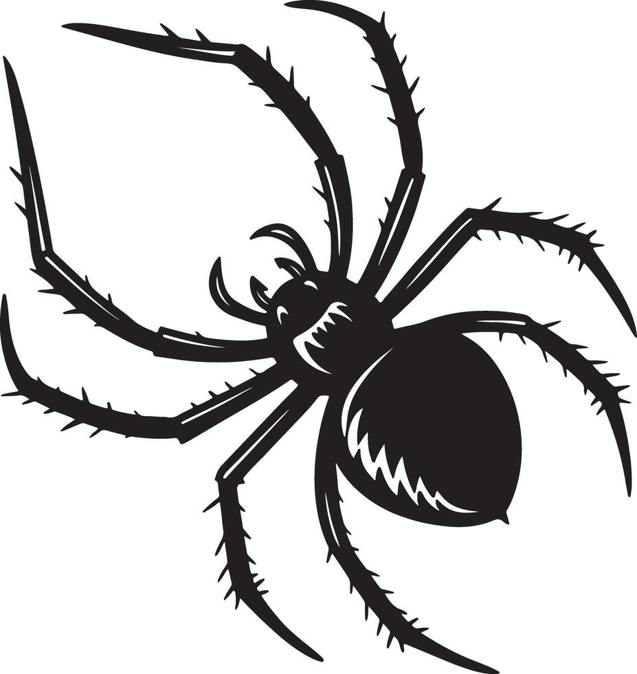 Scary spider silhouette with sharp pointed legs and creepy face, bold black form, clean shape and no background for stock upload vector