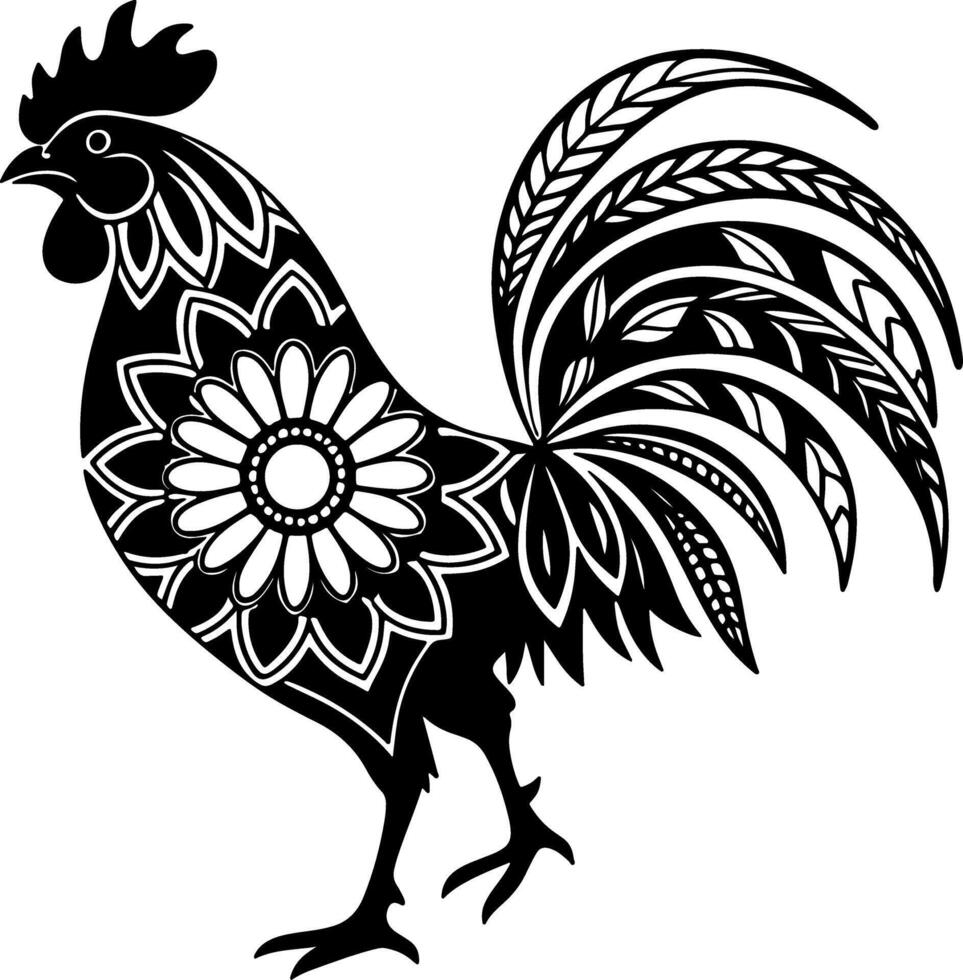 Rooster silhouette with detailed mandala fill, black floral lines on white, elegant flat subject suitable for tracing and ornamental stock graphics vector