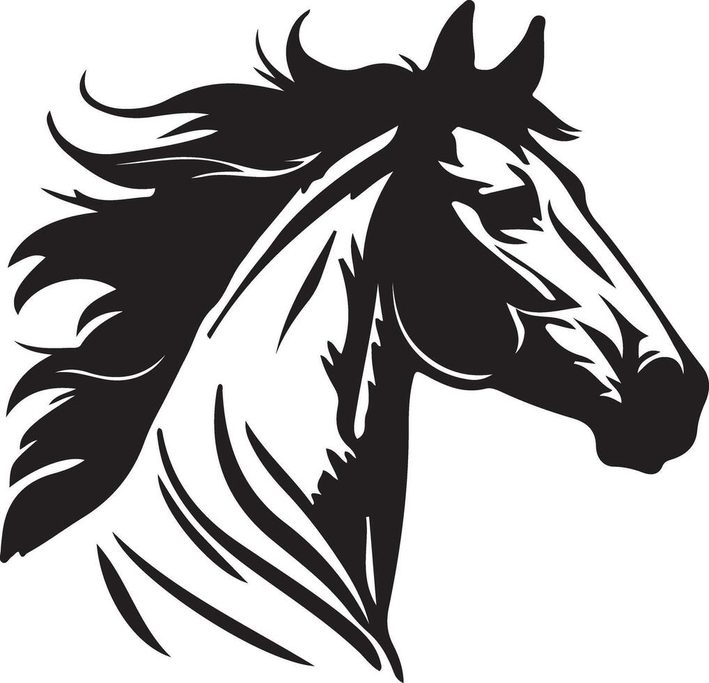 Angry horse head silhouette showing flared nostrils and sharp line tension in bold black fill and clean emotional form vector