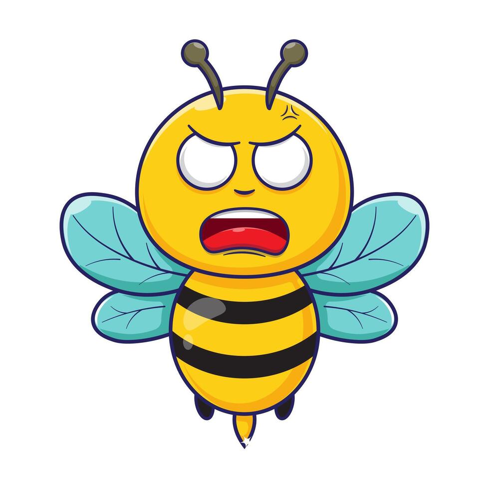 Flat cartoon illustration of angry bee face icon, mascot, logo with cute design isolated on white background vector