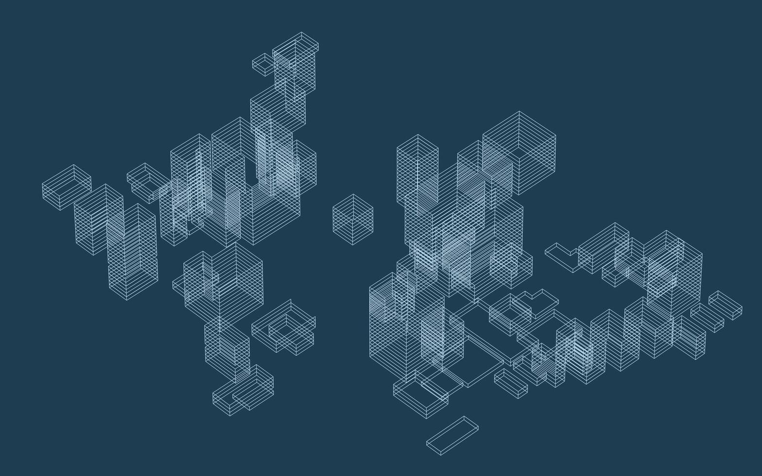 Abstract geometrics wireframe in linear style. Matrix cubes pattern background for architectural template design. Schematic design idea of box and space. . vector