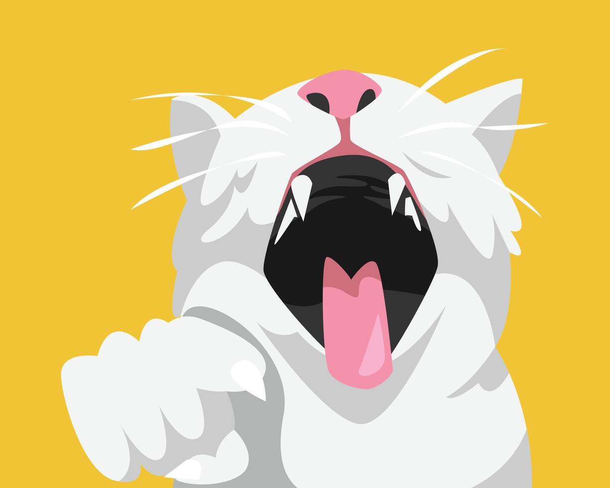 Laughing cat with its mouth wide open, eyes squinting in joy, and one paw playfully pointing forward. Cartoon illustration. vector