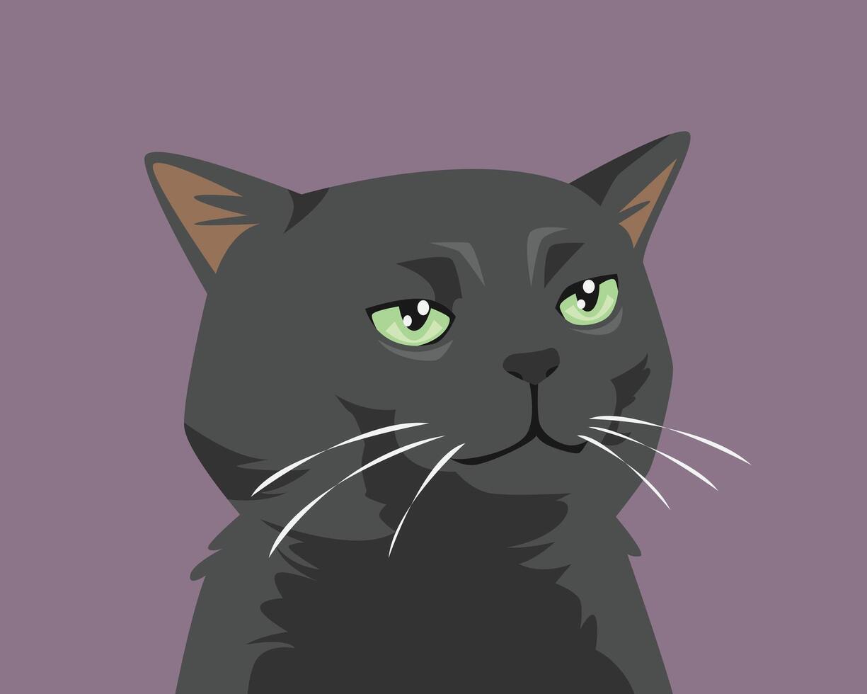 Funny zoning out black cat face with a dazed expression. Cartoon flat illustration. vector