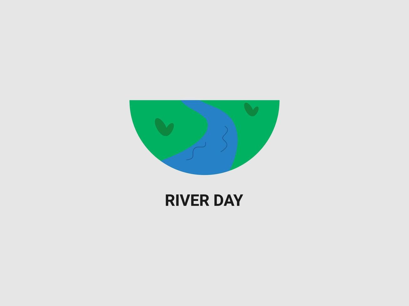 A simple and colorful illustration showing a winding blue river flowing through green land within a semi circular frame vector