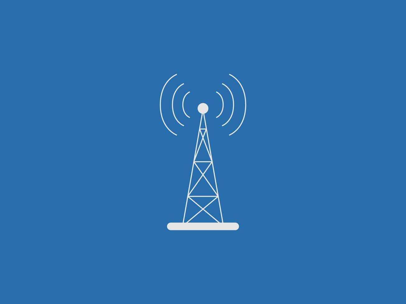 A white outline illustration of a radio tower or mobile tower emitting concentric signal waves on a solid blue background vector