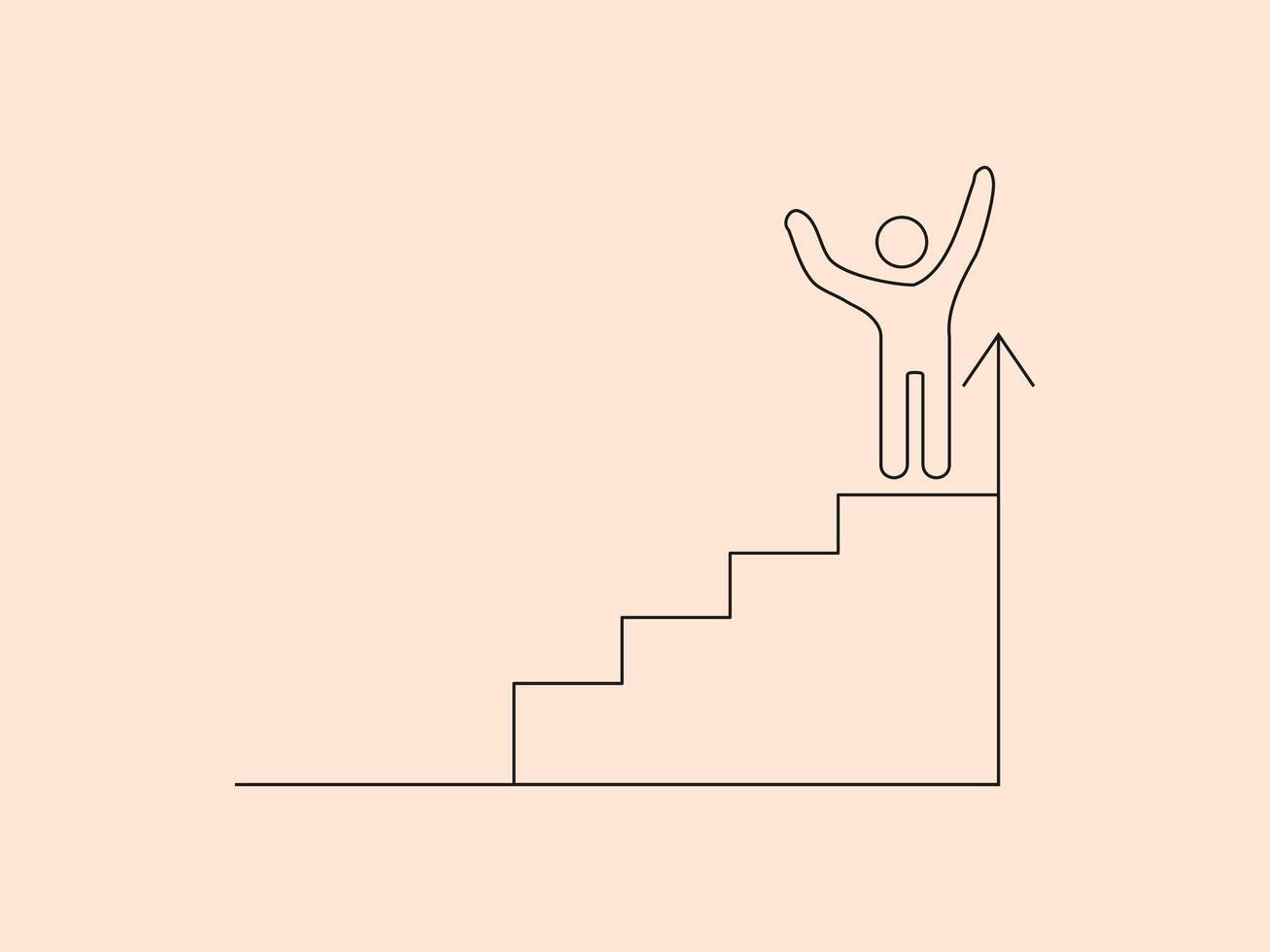A simple outline drawing of a stick figure with arms raised in triumph at the top of a staircase vector