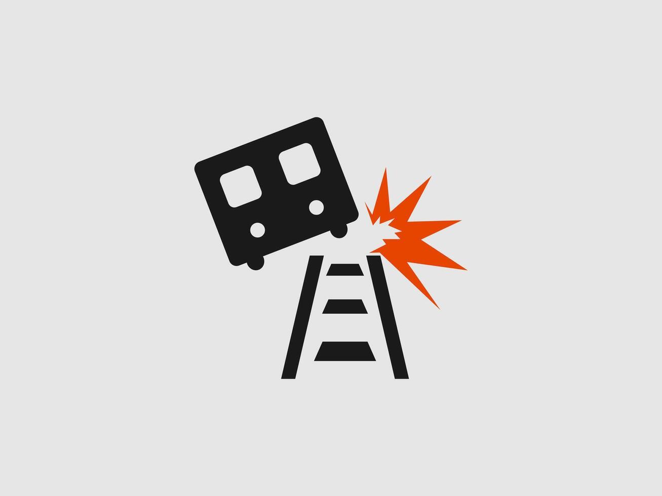 A black silhouette icon depicting a train derailed from its tracks with an orange starburst symbolizing a crash vector