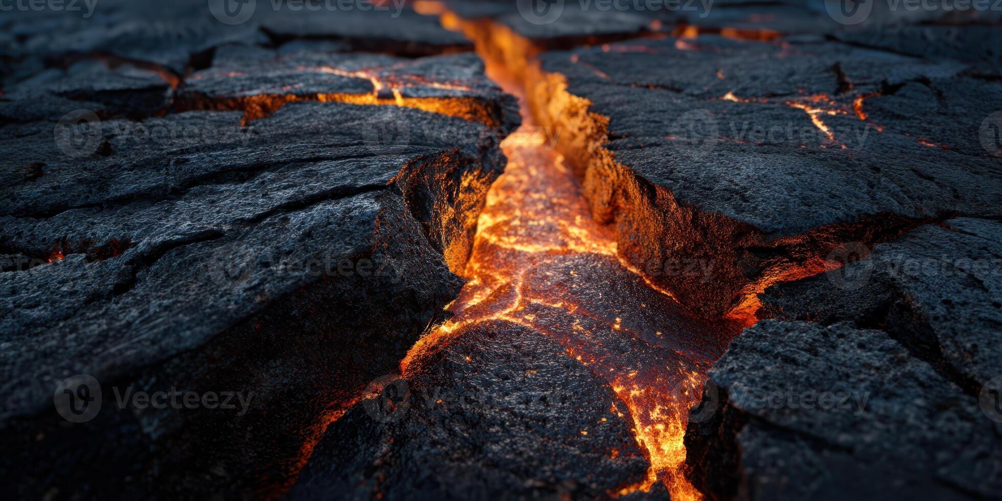 Close up of glowing molten lava flowing through cracked earth photo