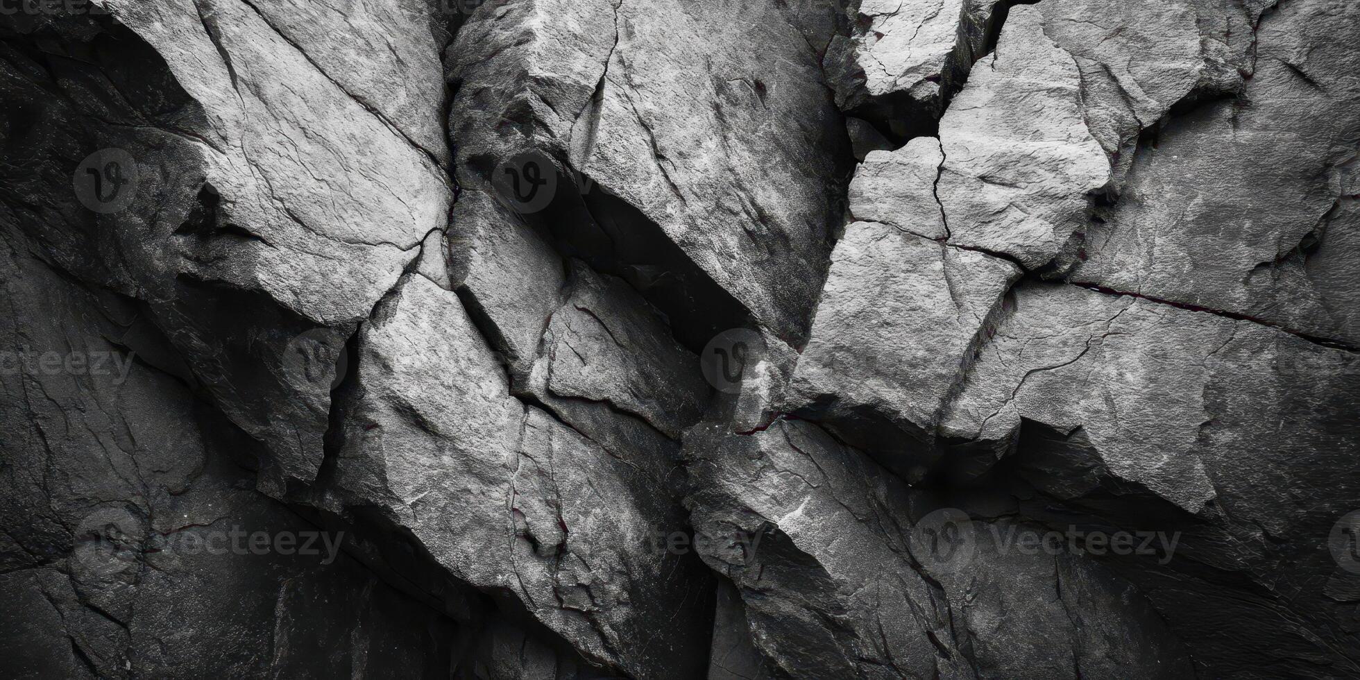 Close up of rugged natural grey cracked rock surface photo