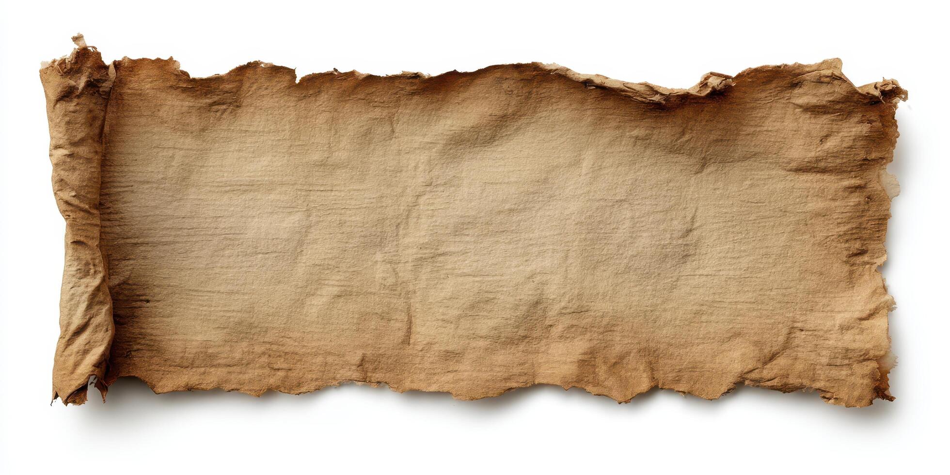 ancient weathered parchment scroll with torn edges photo