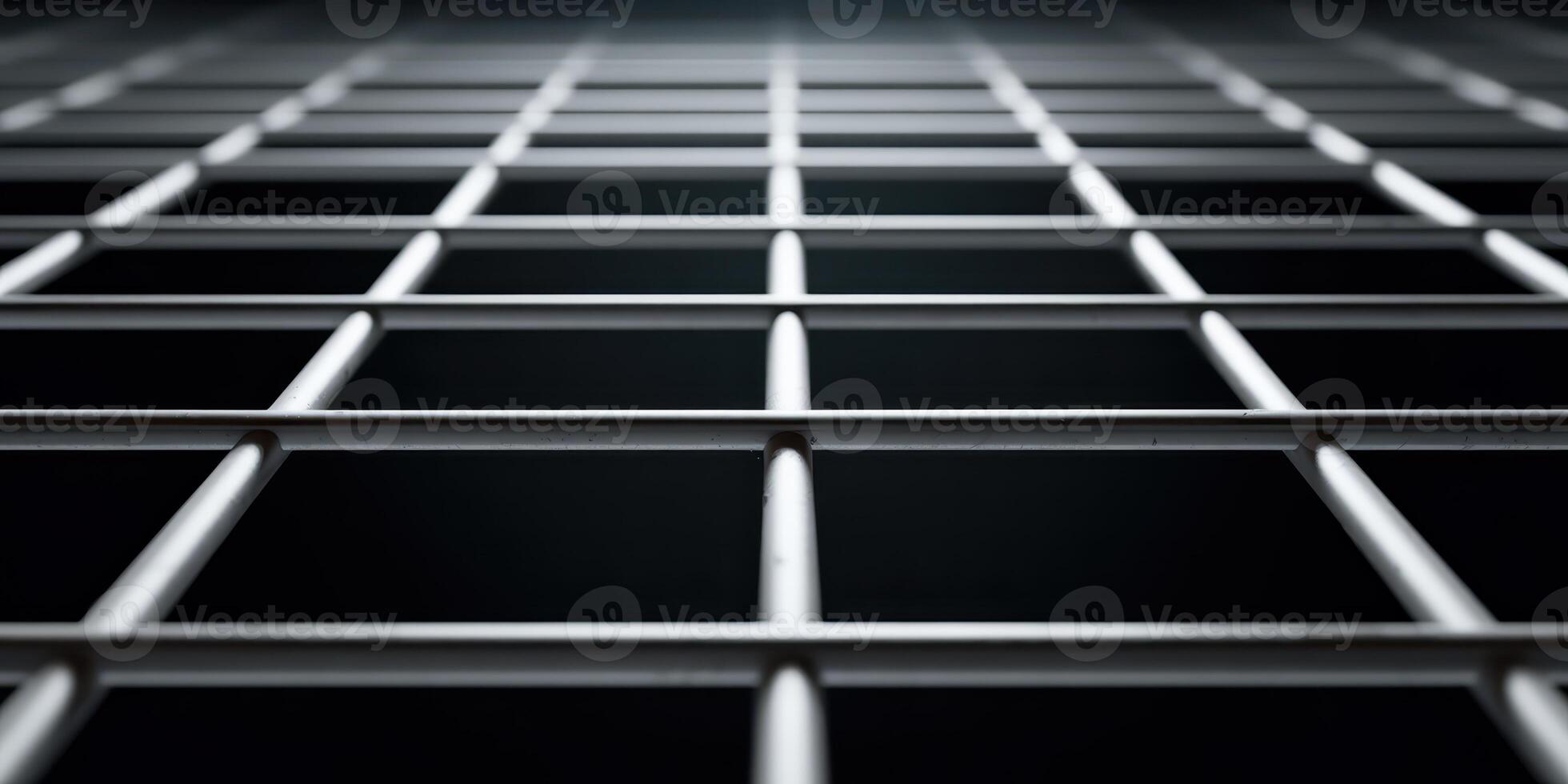 Close up perspective of metal grid fence structure photo