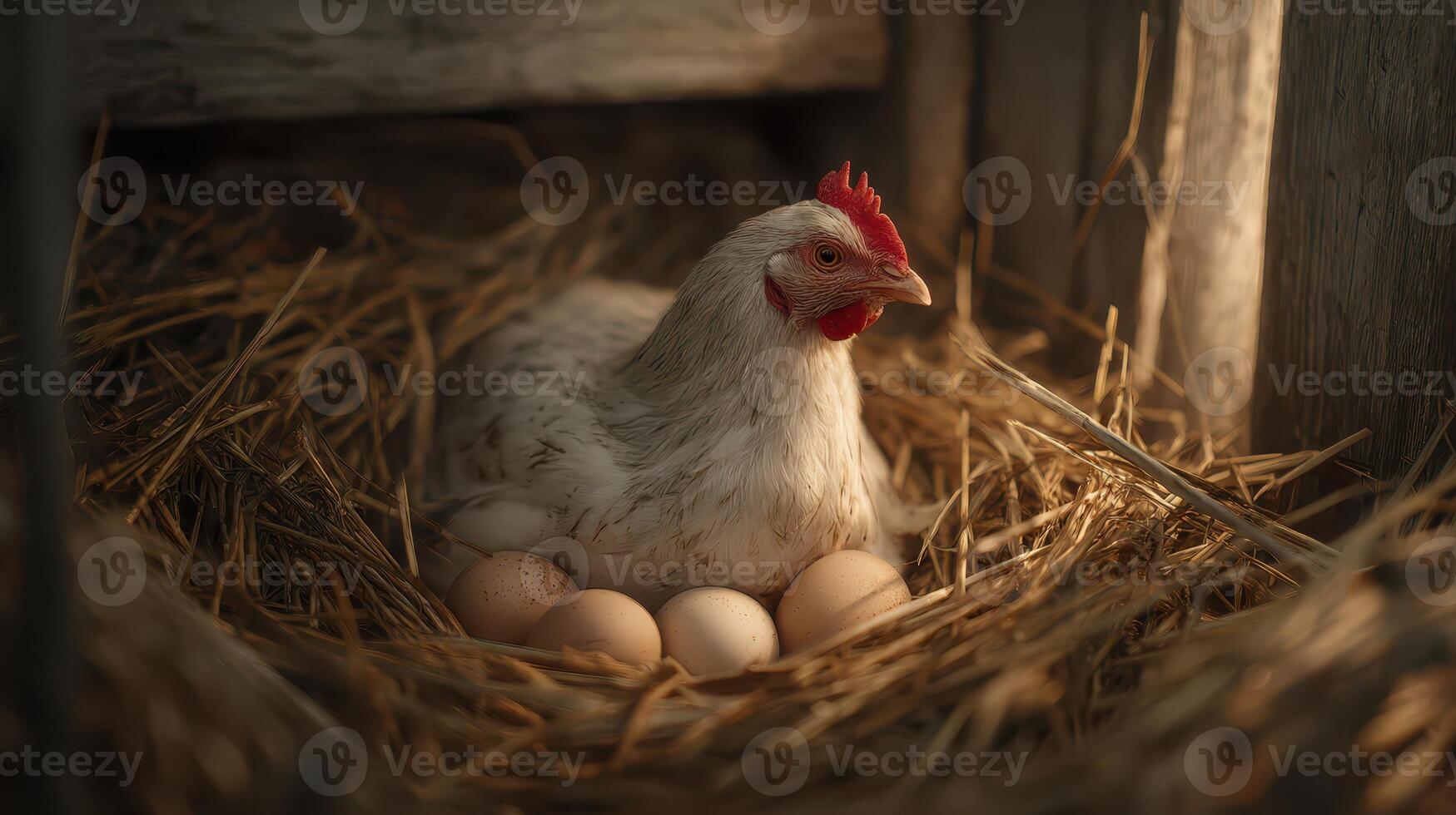 Hen and eggs in a nest under warm light photo