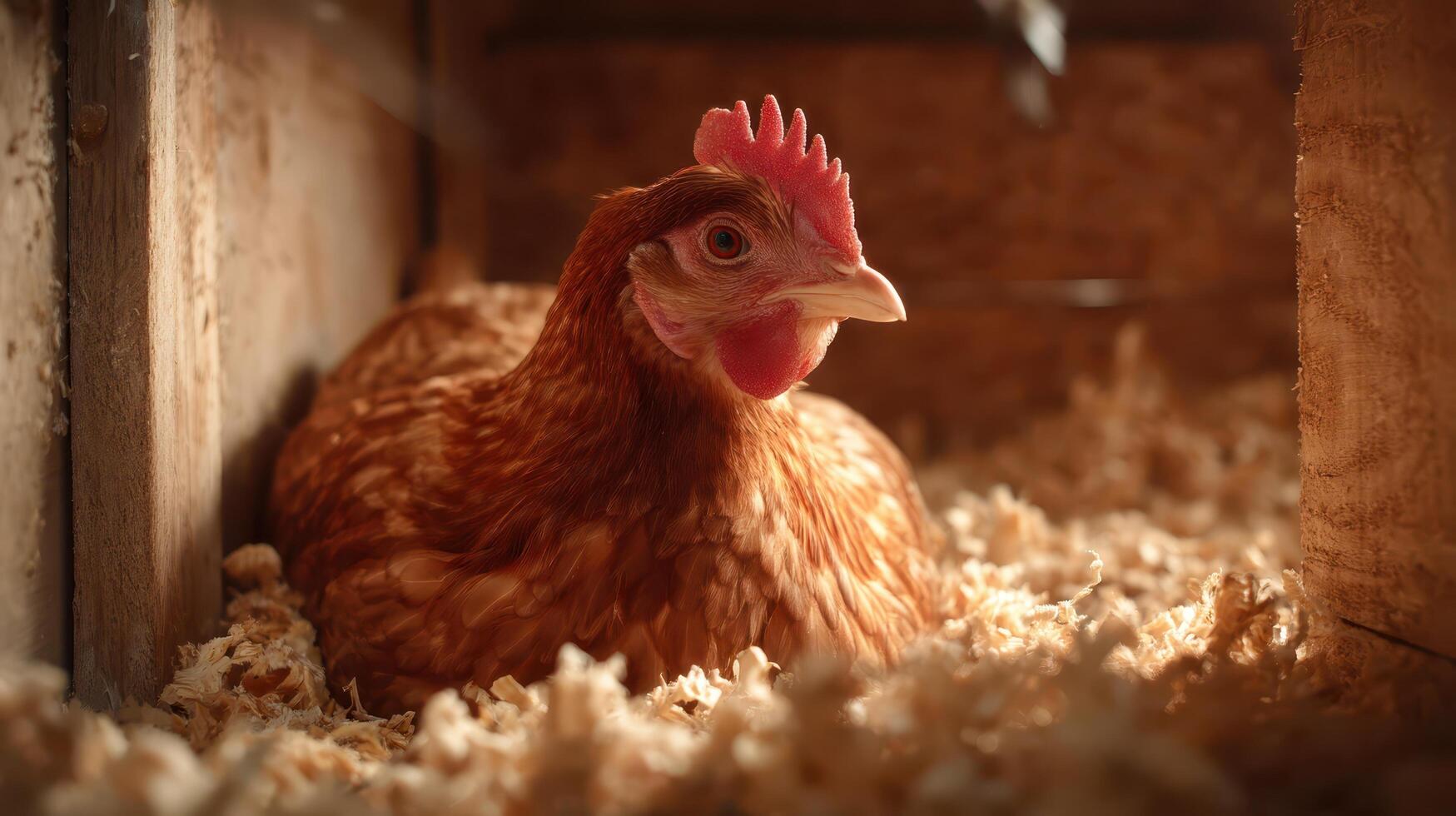 Close-up of a curious hen resting in the coop with bedding photo