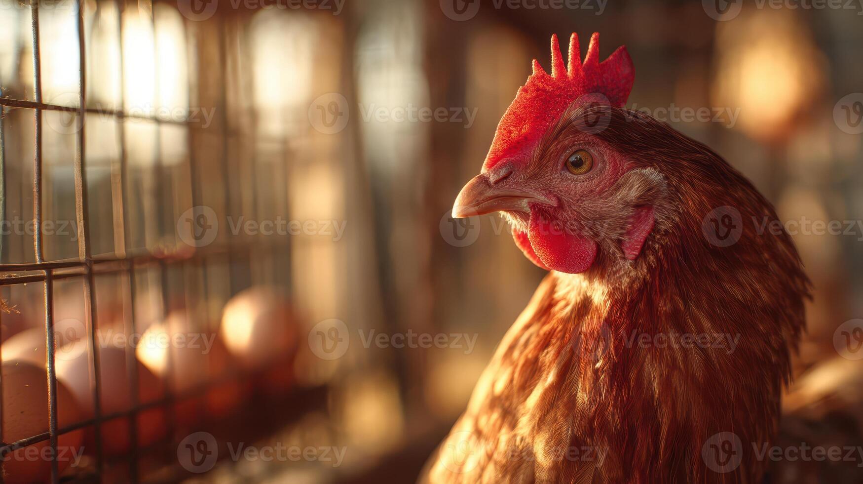 Close-up of a Red Hen in a Coop with Eggs and Warm Lighting photo