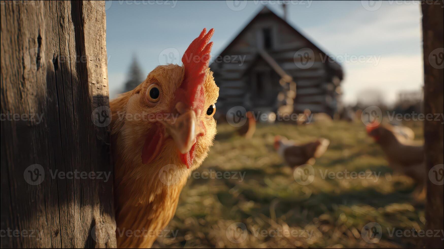 Close-Up of Curious Chicken Peeking from Wooden Structure photo