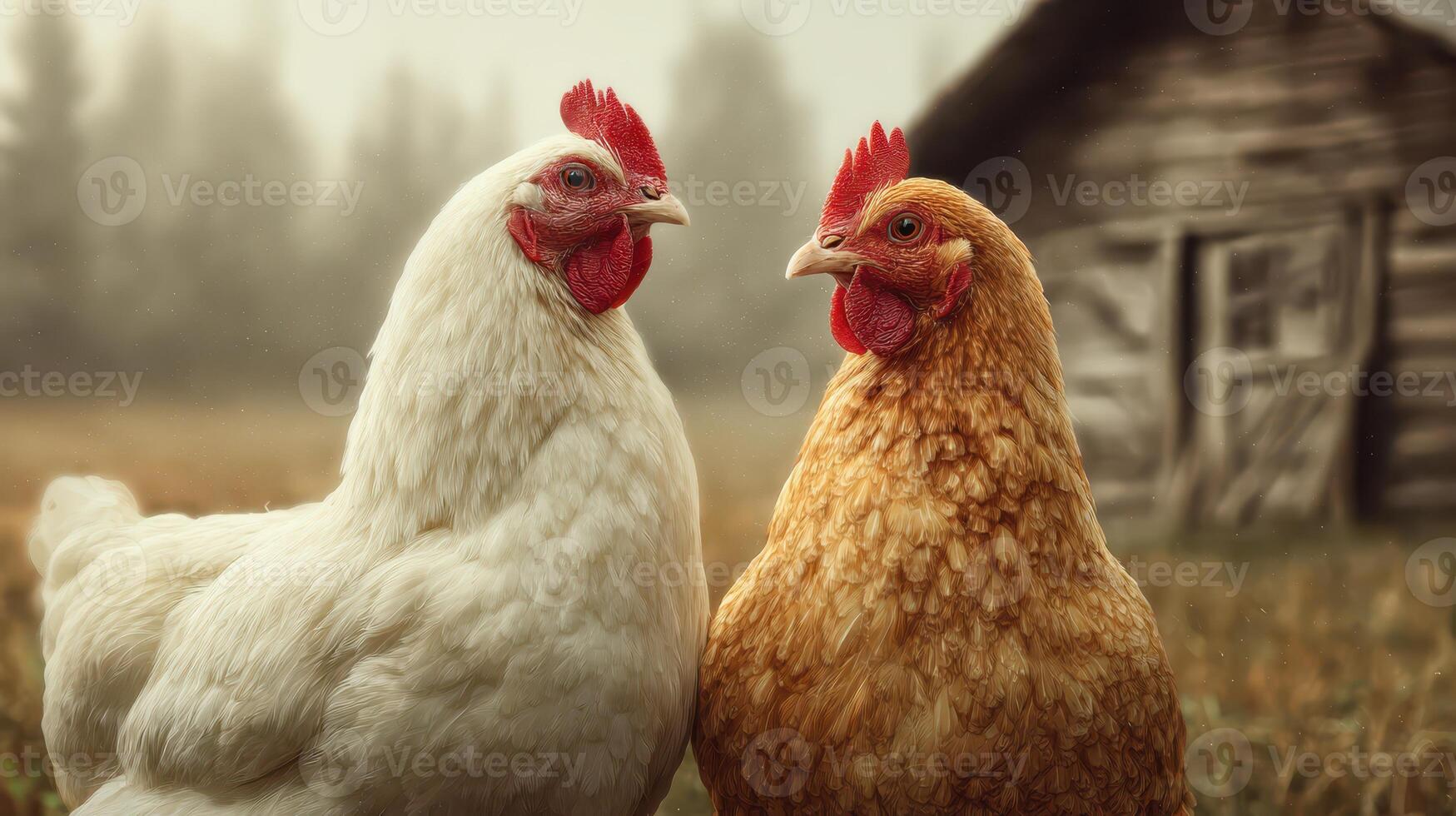 Close-up View of Two Roosters on a Farm in Morning Light photo